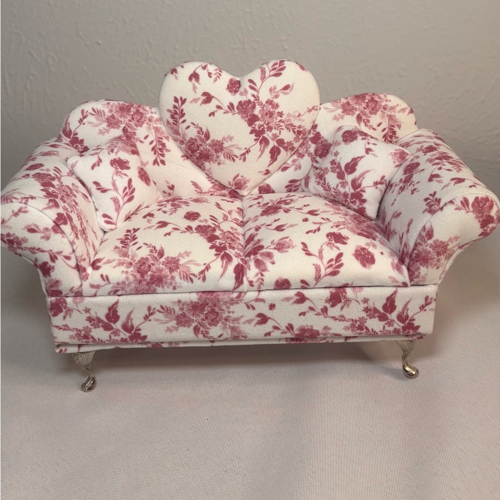New Pink & White Floral Doll Sofa Jewelry Box Organizer Couch Jewelry